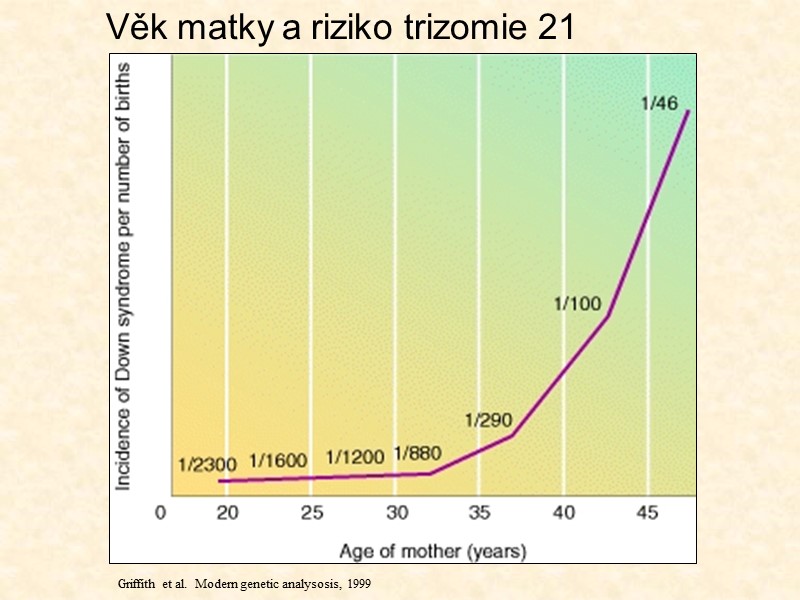 Věk matky a riziko trizomie 21 Griffith et al.  Modern genetic analysosis, 
